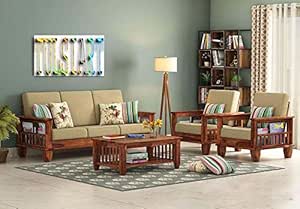 Tulsi Art WOODTREND Solid Sheesham Wood Teak Wood 5 Seater Sofa Set - 3+1+1 with Cushions (Teak Finish, Beige)