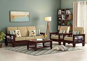 Solid Sheesham Wood Sofa Set 5 Seater Furniture, Wooden 5 Seater Sofa Set (3+1+1), Teak Wood Sofa Set Furniture | Home Living Room with Cushions (Mahogany Finish) - Brown