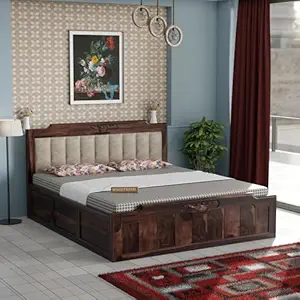 Sheesham Wood Queen Size Bed with Storage Walnut Finish