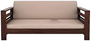 Natsu Solid Wood 3 Seater Sofa Set Home Living Room Furniture | Wooden 3 Seater Sofa Set | Sheesham Wood Sofa Set | Without Pillow | Cream Cushions | Walnut Finish