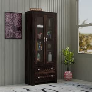 Sheesham Wood Bookshelf with Glass Door for Home Library Solid Wood Bookcase Wooden Crockery Cabinet for Kitchen Book Shelf (Walnut Finish)