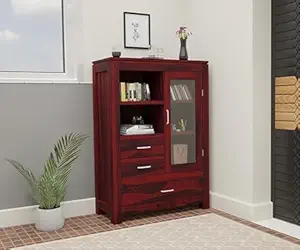 Wood Book Shelf for Home Library || Wooden Book Shelf Cabinet with Glass Door Drawer Storage || Home Furniture Kitchen Cabinet Crockery Unit || Bookcase,Mahogany Finish
