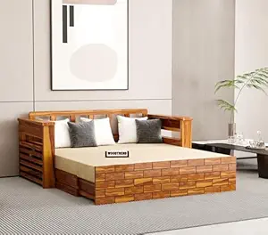 Sheesham Wood Sofa Cum Bed with Mattress - Natural Finish (3 Seater)