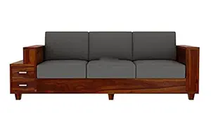 Wood Sofa Set Home Living Room | Wooden 3 Seater Sofa Set | Sheesham Wood 3 Seater Sofa Set | Without Pillow | Cream Cushions | Teak Finish
