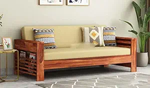 Teak Wood Sofa Set 3 Seater Living Room | Sheesham Wood Home Office Furniture | Without Pillow | Honey Finish