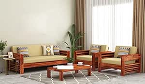 Teak Wood Sofa Set 5 Seater Living Room | 3+1+1 | Sheesham Wood SofaSet Home Office Furniture | Without Pillow| Honey Finish